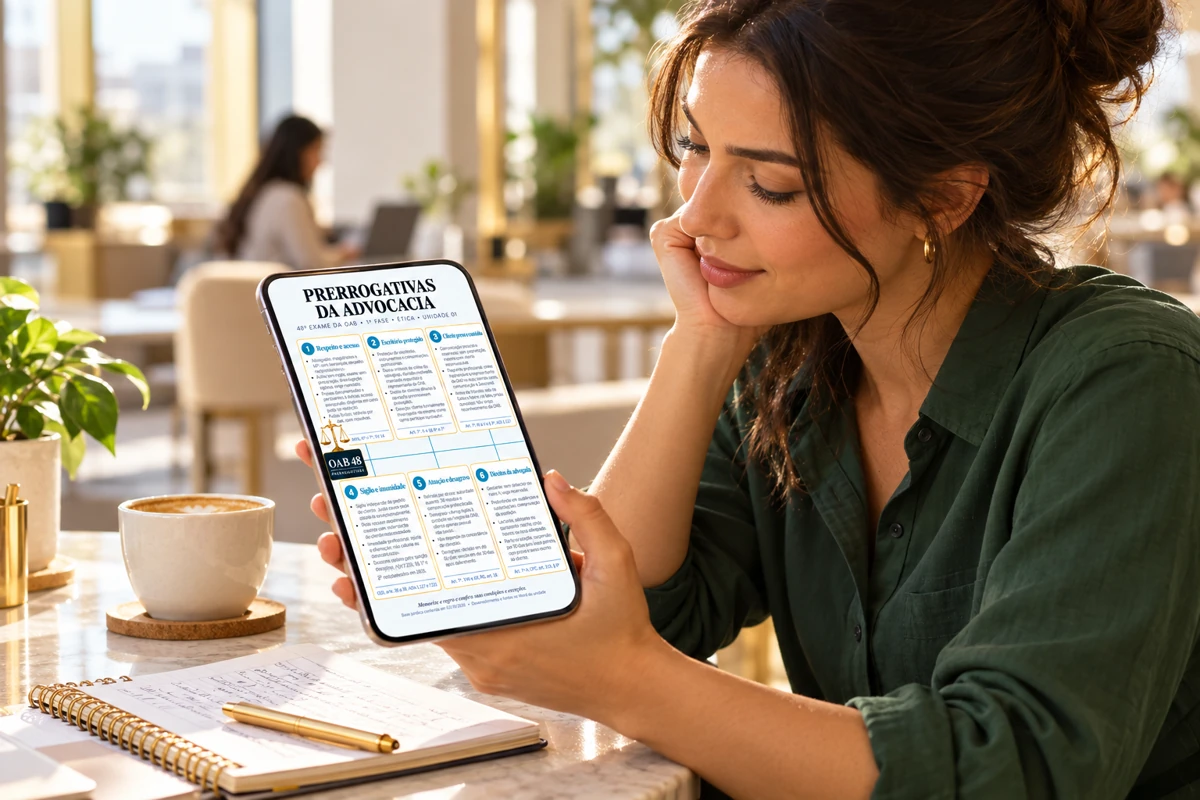 Moça revisando o caderno no celular durante uma pausa no trabalho