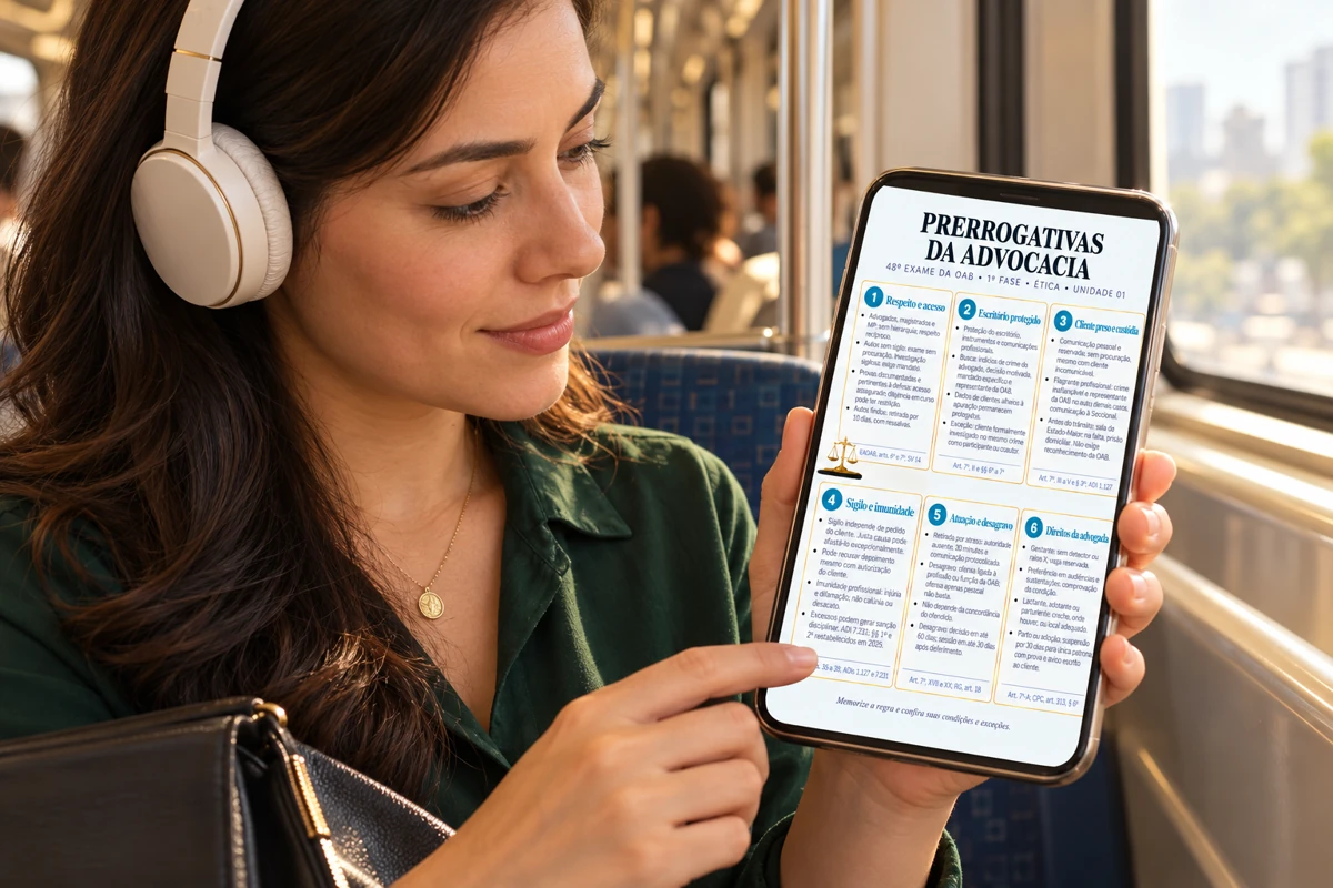 Moça com fones consultando uma página do caderno no celular dentro do metrô