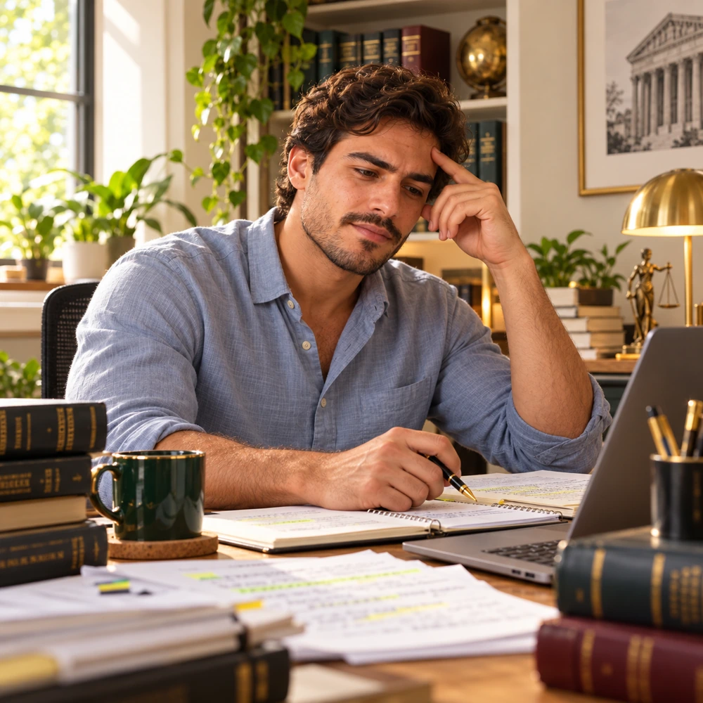 Rapaz com camisa azul diante de livros e anotações acumulados