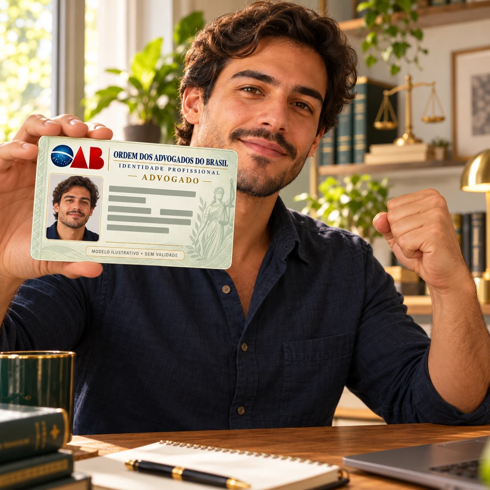O mesmo rapaz com camisa azul-marinho comemorando com uma carteira ilustrativa da OAB com sua foto